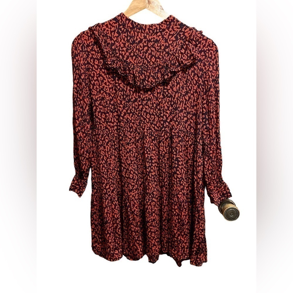 ZARA Red & Black Animal Print Ruffle Long Sleeve Mini Dress M - Picture 2 of 5